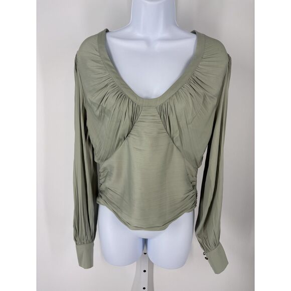 NWT Anthropologie Sage Green Ruched Blouse Long Sleeve Draped Top
